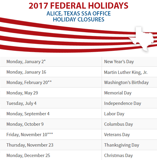 Alice, Texas Social Security Office Federal Holidays Alice, TX Social Security Office Closed Dates