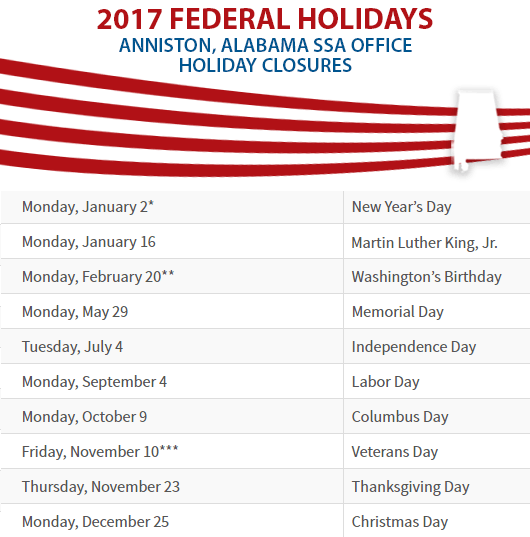 Anniston, Alabama Social Security Office Federal Holidays Anniston, AL Social Security Office Closed Dates