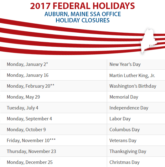 Auburn, ME Social Security Office Closed Dates