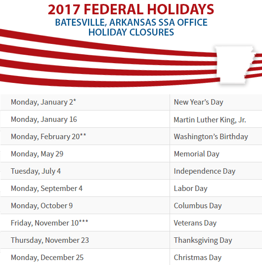 Batesville, Arkansas Social Security Office Federal Holidays Batesville, AR Social Security Office Closed Dates