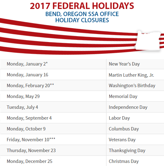 Bend, Oregon Social Security Office Federal Holidays Bend, OR Social Security Office Closed Dates