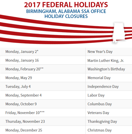 Birmingham, Alabama Social Security Office Federal Holidays Birmingham, AL Social Security Office Closed Dates