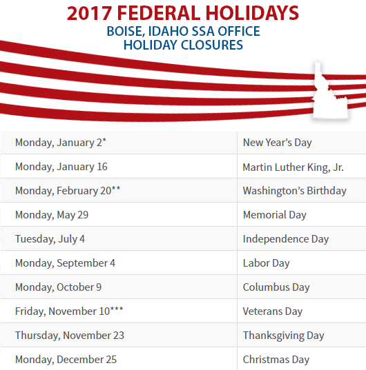 Boise, Idaho Social Security Office Federal Holidays Boise, ID Social Security Office Closed Dates