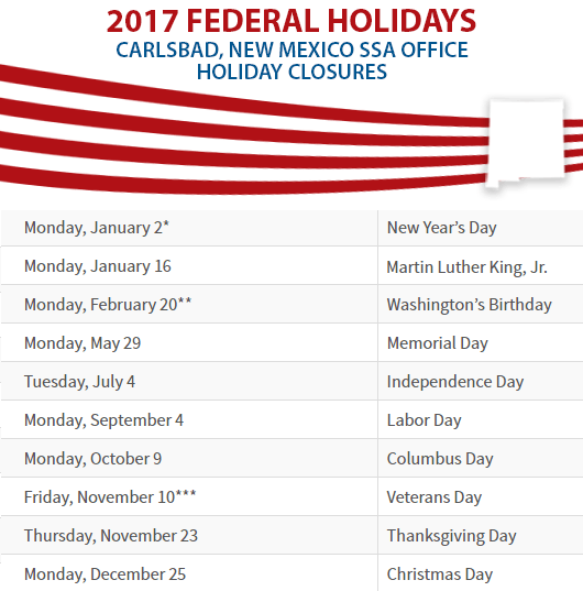 Carlsbad, NM Social Security Office Closed Dates