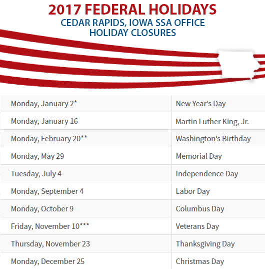 Cedar Rapids, IA Social Security Office Closed Dates