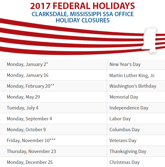 Clarksdale, Mississippi Social Security Office Federal Holidays Clarksdale, MS Social Security Office Closed Dates