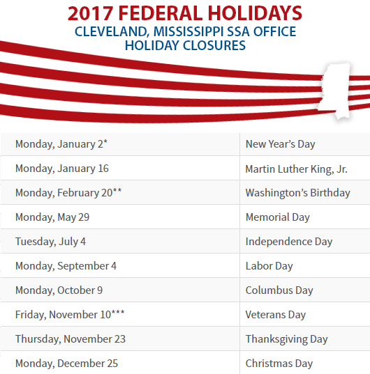 Cleveland, Mississippi Social Security Office Federal Holidays Cleveland, MS Social Security Office Closed Dates