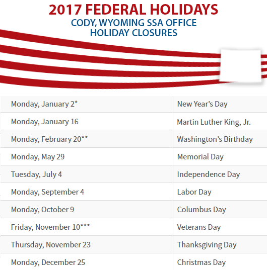 Cody, Wyoming Social Security Office Federal Holidays Cody, WY Social Security Office Closed Dates