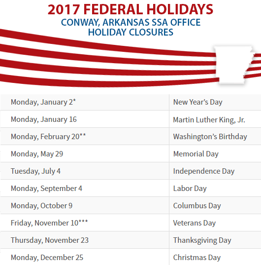 Conway, Arkansas Social Security Office Federal Holidays Conway, AR Social Security Office Closed Dates