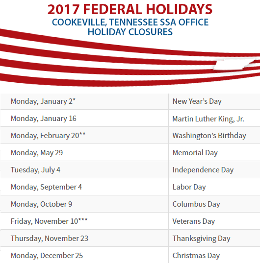 Cookeville, Tennessee Social Security Office Federal Holidays Cookeville, TN Social Security Office Closed Dates