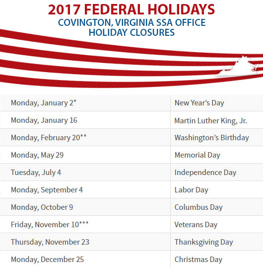 Covington, VA Social Security Office Closed Dates