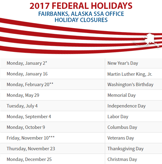 Fairbanks, Alaska Social Security Office Federal Holidays Fairbanks, AK Social Security Office Closed Dates