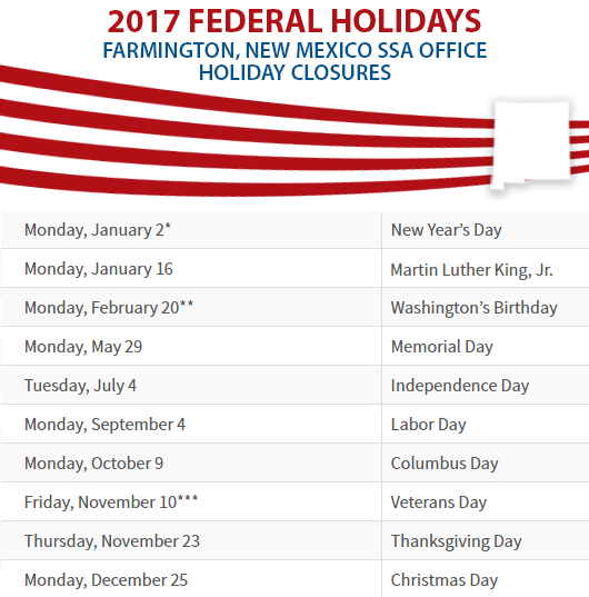 Farmington, NM Social Security Office Closed Dates
