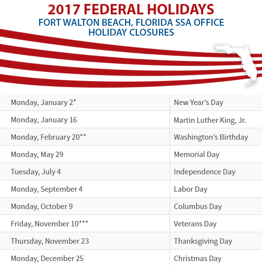 Fort Walton Beach, FL Social Security Office Closed Dates