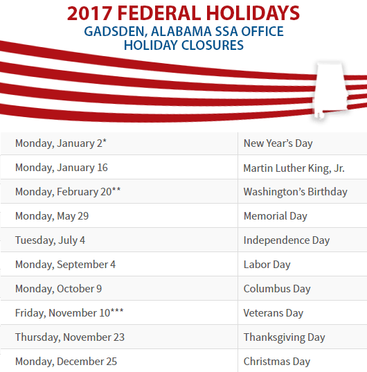 Gadsden, Alabama Social Security Office Federal Holidays Gadsden, AL Social Security Office Closed Dates