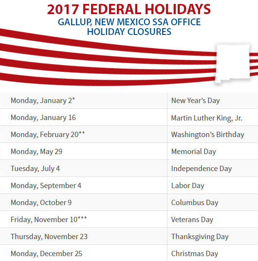 Gallup, NM Social Security Office Closed Dates