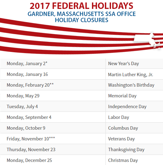 Gardner, Massachusetts Social Security Office Federal Holidays Gardner, MA Social Security Office Closed Dates