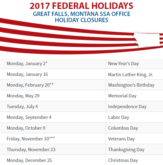 Great Falls, Montana Social Security Office Federal Holidays Great Falls, MT Social Security Office Closed Dates