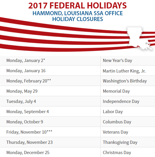 Hammond, Louisiana Social Security Office Federal Holidays Hammond, LA Social Security Office Closed Dates