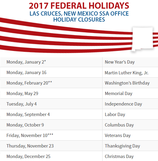 Las Cruces, NM Social Security Office Closed Dates