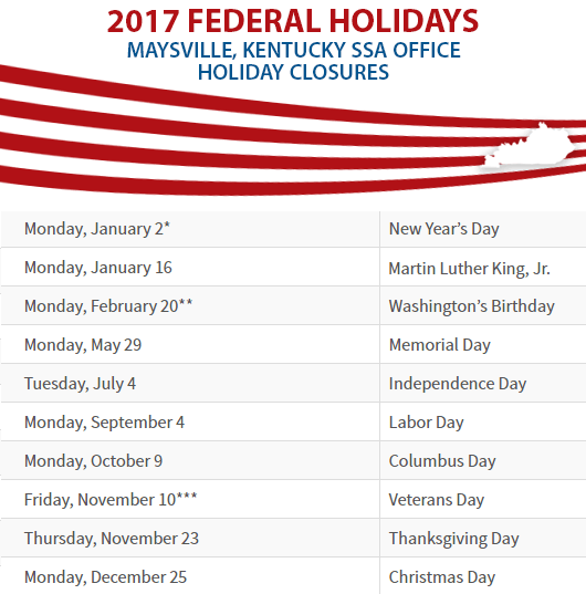 Maysville, Kentucky Social Security Office Federal Holidays Maysville, KY Social Security Office Closed Dates