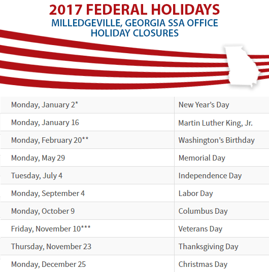 Milledgeville, Georgia Social Security Office Federal Holidays Milledgeville, GA Social Security Office Closed Dates