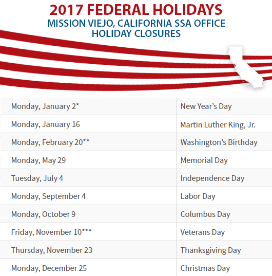 Mission Viejo, CA Social Security Office Closed Dates