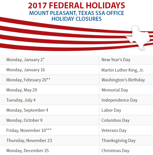 Mount Pleasant, Texas Social Security Office Federal Holidays Mount Pleasant, TX Social Security Office Closed Dates