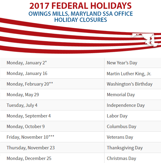 Owings Mills, Maryland Social Security Office Federal Holidays Owings Mills, MD Social Security Office Closed Dates