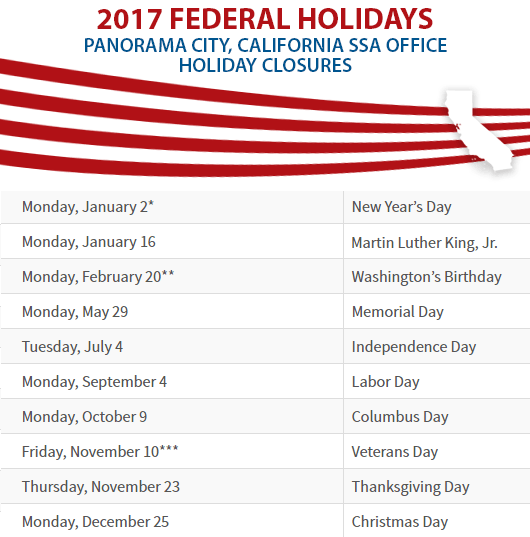 Panorama City, California Social Security Office Federal Holidays Panorama City, CA Social Security Office Closed Dates