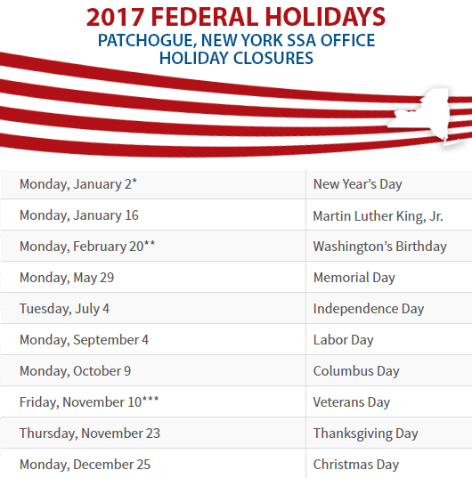 Patchogue, New York Social Security Office Federal Holidays Patchogue, NY Social Security Office Closed Dates