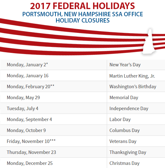 Portsmouth, New Hampshire Social Security Office Federal Holidays Portsmouth, NH Social Security Office Closed Dates