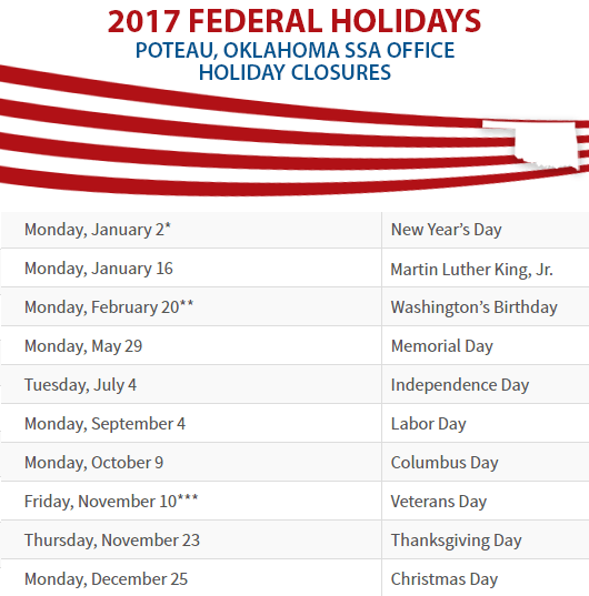 Poteau, Oklahoma Social Security Office Federal Holidays Poteau, OK Social Security Office Closed Dates
