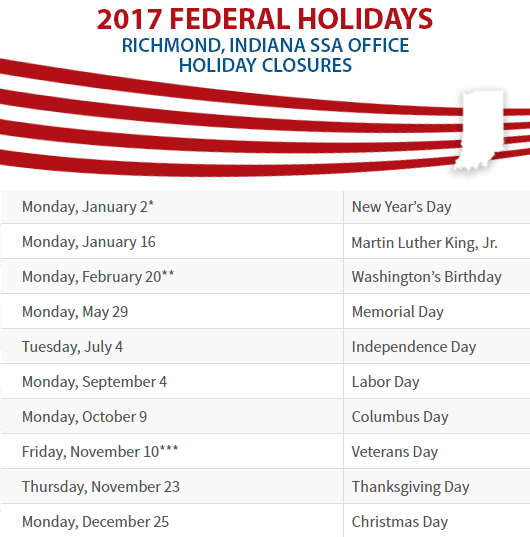 Richmond, Indiana Social Security Office Federal Holidays Richmond, IN Social Security Office Closed Dates