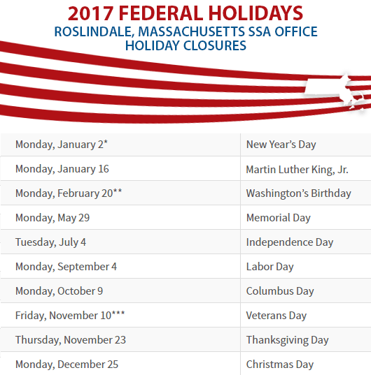 Roslindale, Massachusetts Social Security Office Federal Holidays Roslindale, MA Social Security Office Closed Dates