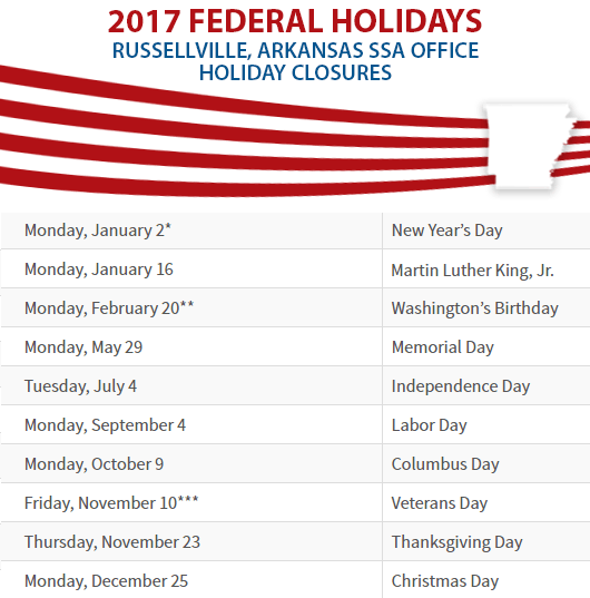 Russellville, Arkansas Social Security Office Federal Holidays Russellville, AR Social Security Office Closed Dates