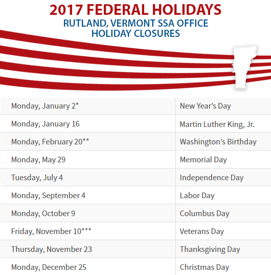 Rutland, VT Social Security Office Closed Dates