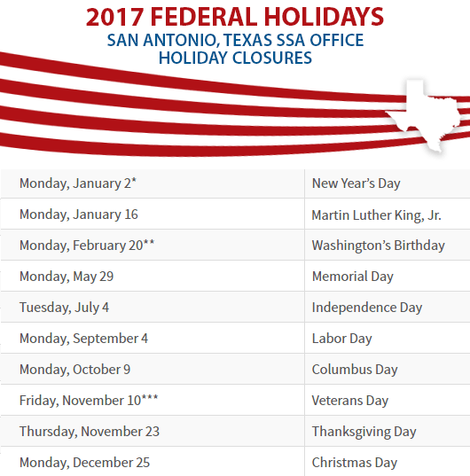 San Antonio, Texas Social Security Office Federal Holidays San Antonio, TX Social Security Office Closed Dates