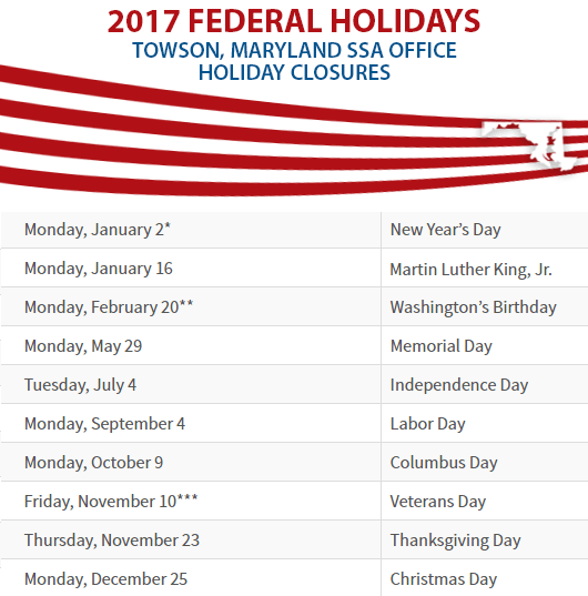 Towson, MD Social Security Office Closed Dates
