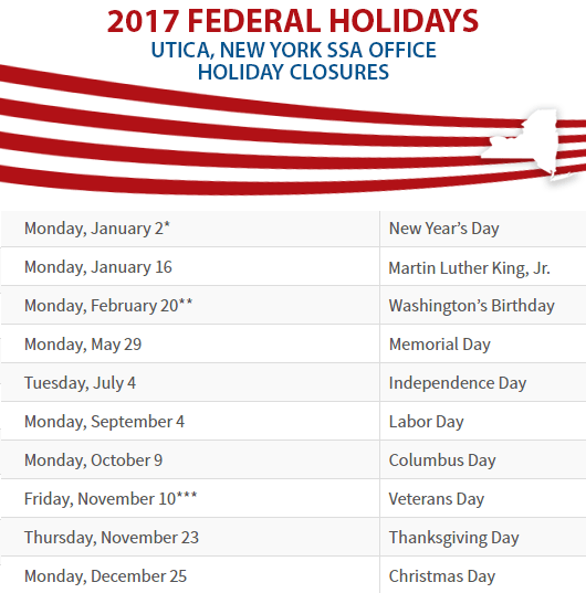 Utica, New York Social Security Office Federal Holidays Utica, NY Social Security Office Closed Dates