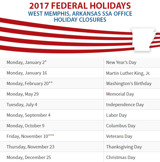West Memphis, Arkansas Social Security Office Federal Holidays West Memphis, AR Social Security Office Closed Dates