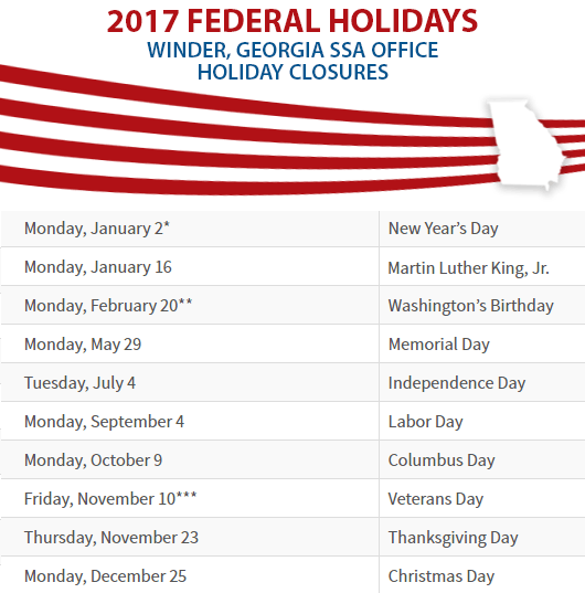 Winder, GA Social Security Office Closed Dates