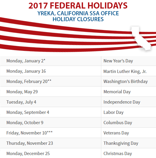 Yreka, California Social Security Office Federal Holidays Yreka, CA Social Security Office Closed Dates